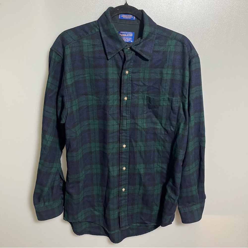 VINTAGE Board Shirt Mens M medium pendleton Blue Green Plaid Virgin Wool Loop